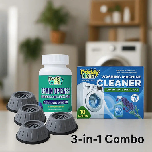 DaddyClean™ Washing Machine Cleaning Combo – 10 Tablets + 100g Drain Opener + 4 Anti Vibration Pads DaddyClean