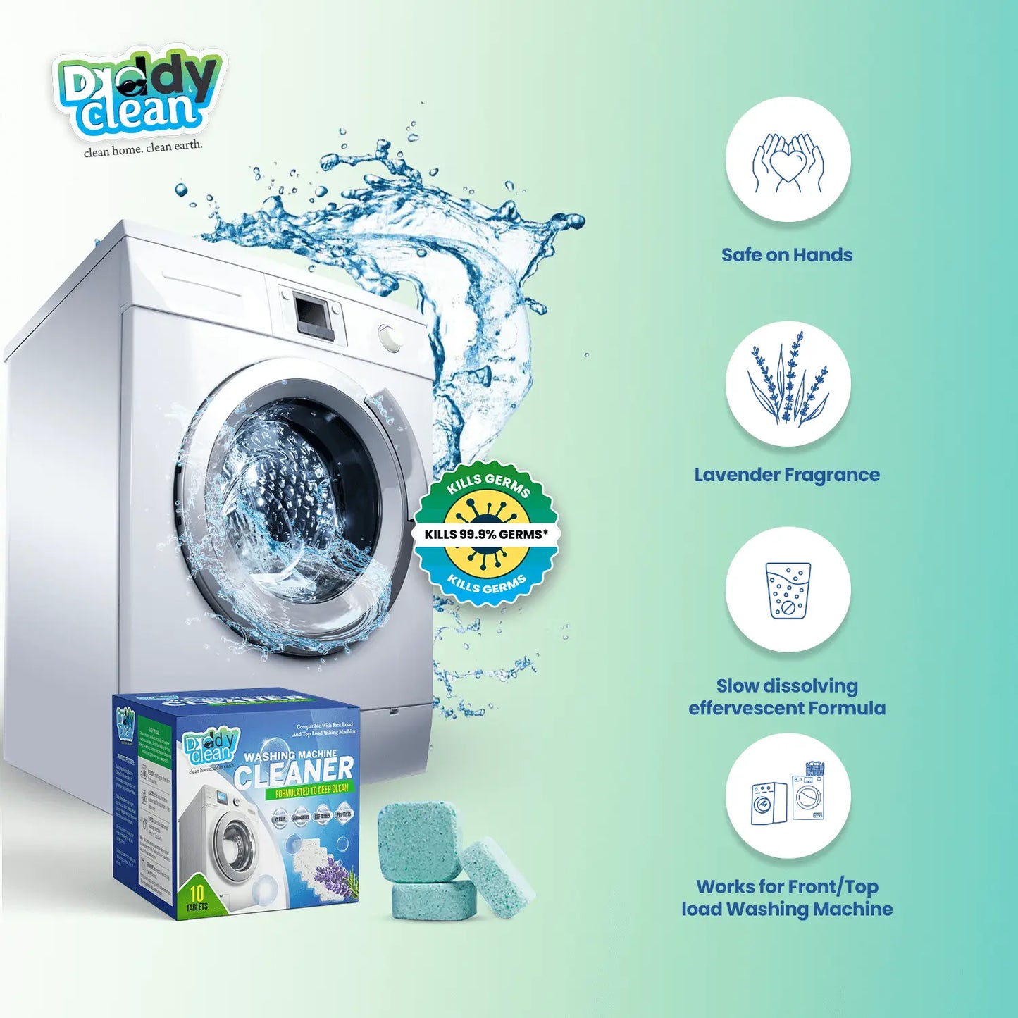 Washing machine cleaning tablet dissolving inside drum before cycle