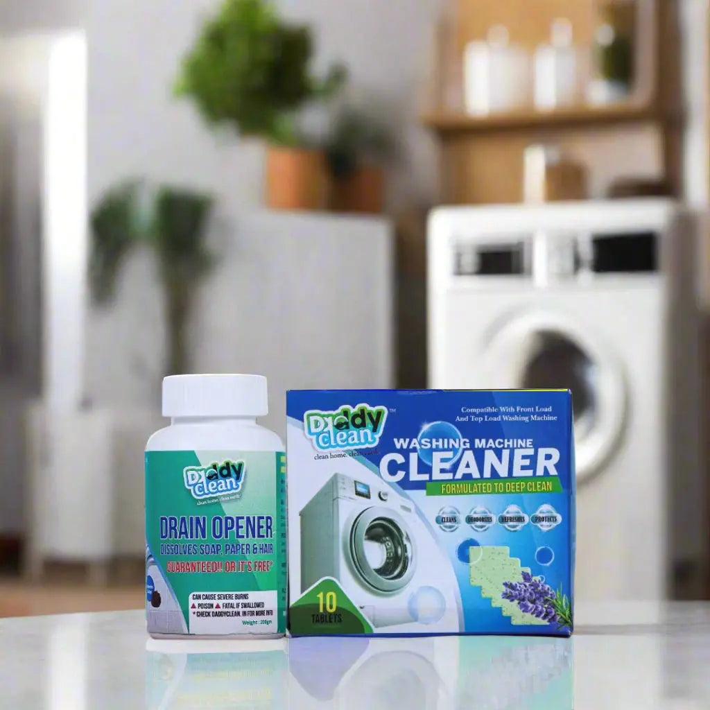 DaddyClean™ Washing Machine Cleaning Combo – 10 Tablets + 100g Drain Opener + 4 Anti Vibration Pads DaddyClean