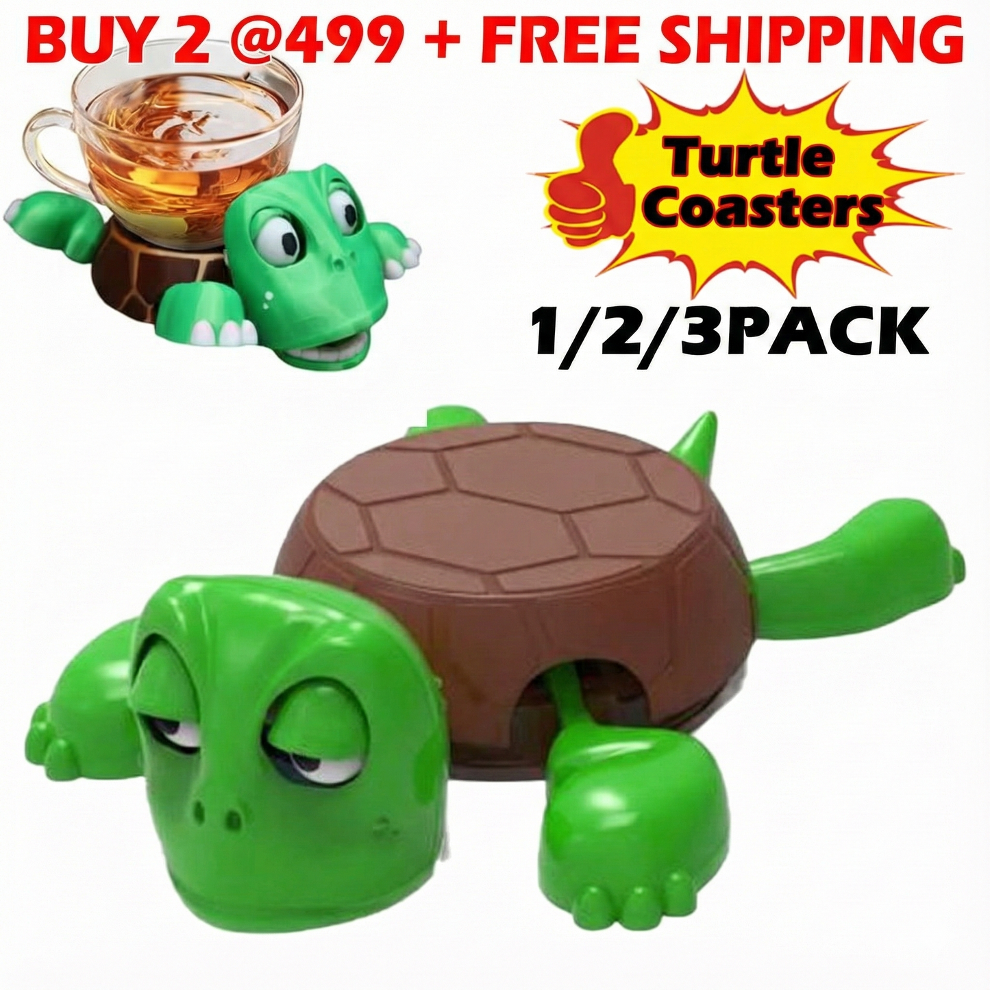 Green Funny turtle coasters with a cup of tea on a white background, featuring promotional text.